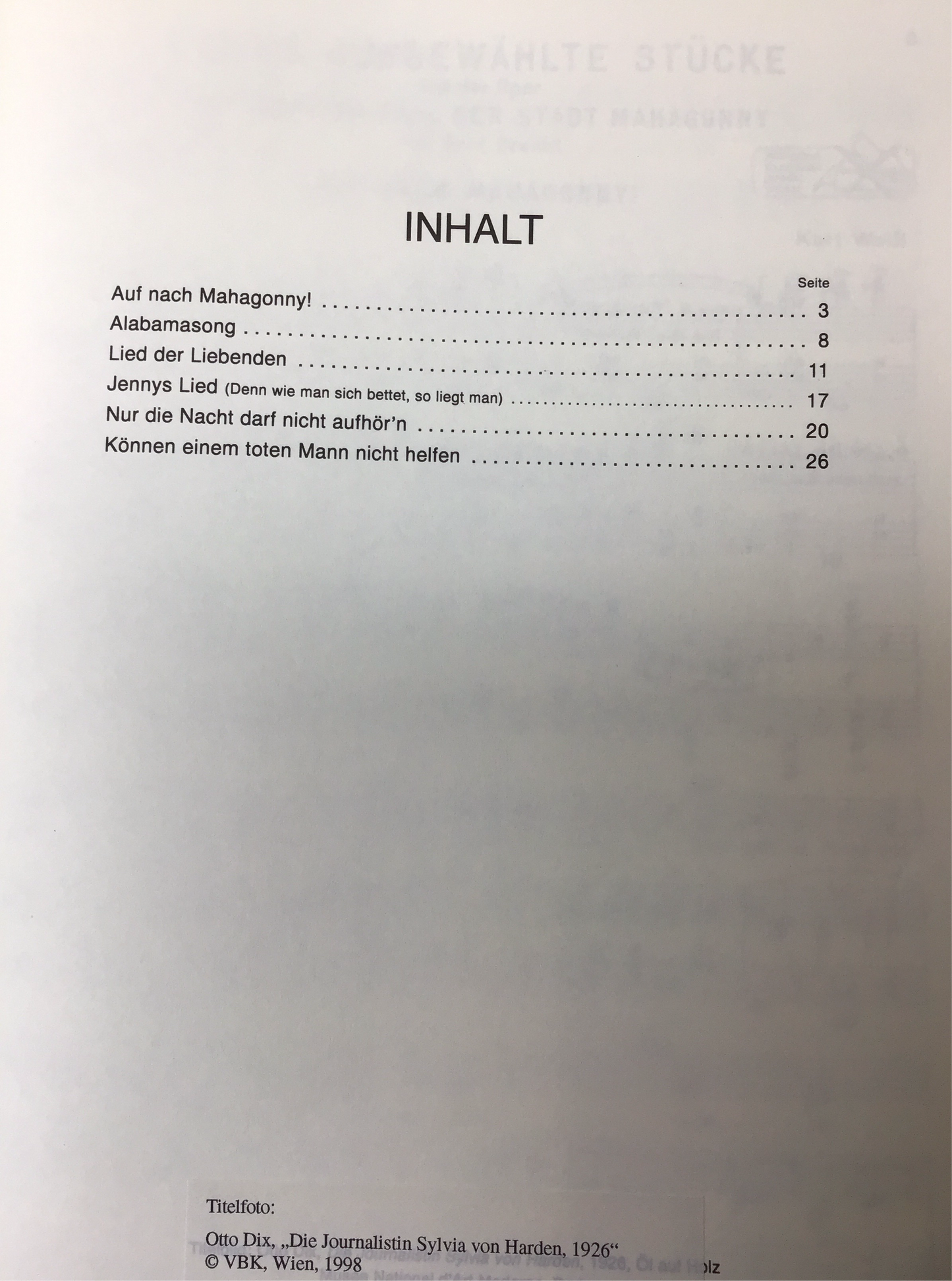 Notenheft für Gesang und Klavier/ 6 Stücke aus Aufstieg und Fall der Stadt Mahagoni von Kurt Well