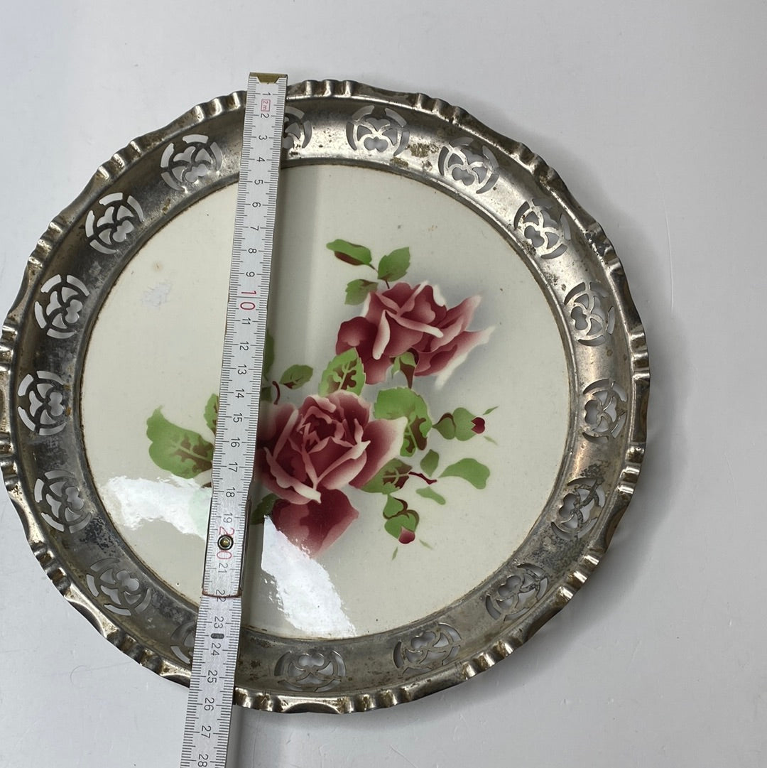 Tablett Keramik Porzellan mit Silber Rand