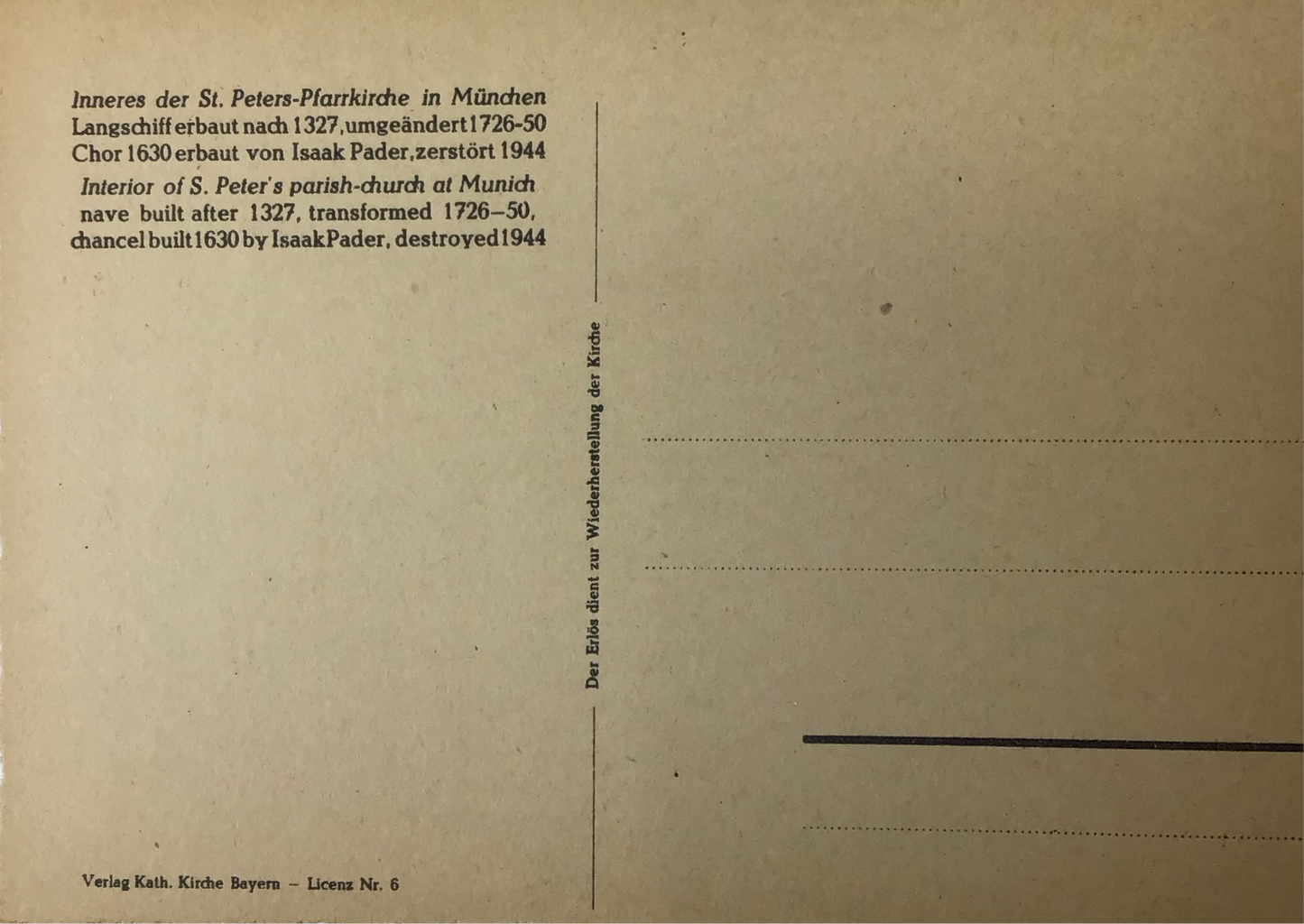 Alte Postkarte Inneres der St. Peters-Pfarrkirche in München