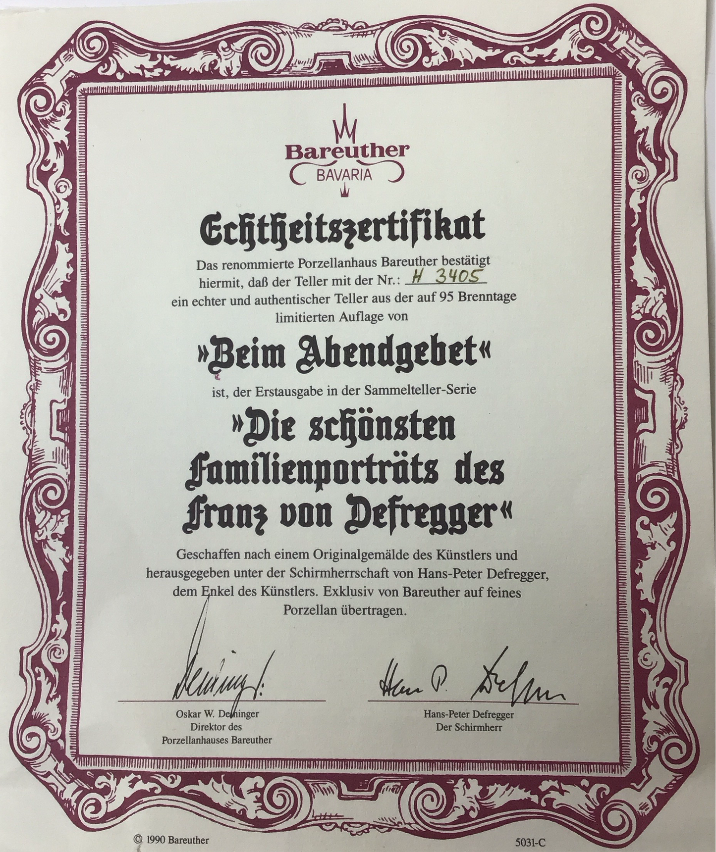 Bareuther Bavaria 1990 Porzellan Wandteller Beim Abendgebet