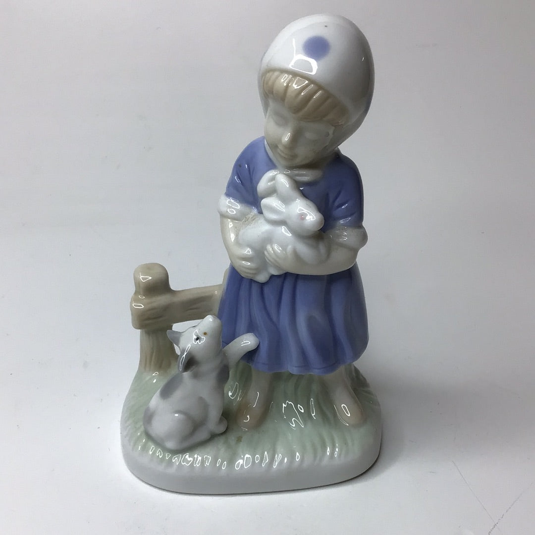 Porzellan Figur mit Hund und Hase