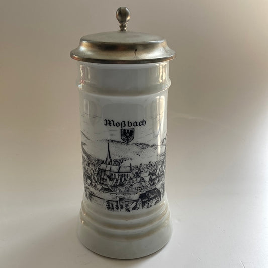 Porzellan Bierkrug mit Zinndeckel, Motiv ,Mosbach‘