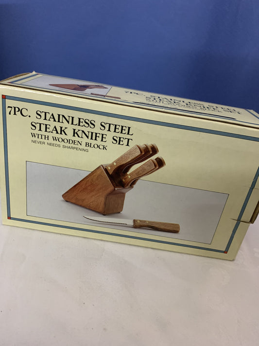 7 stk Stainless Steel Steakmesser Set mit Holzblock, neu