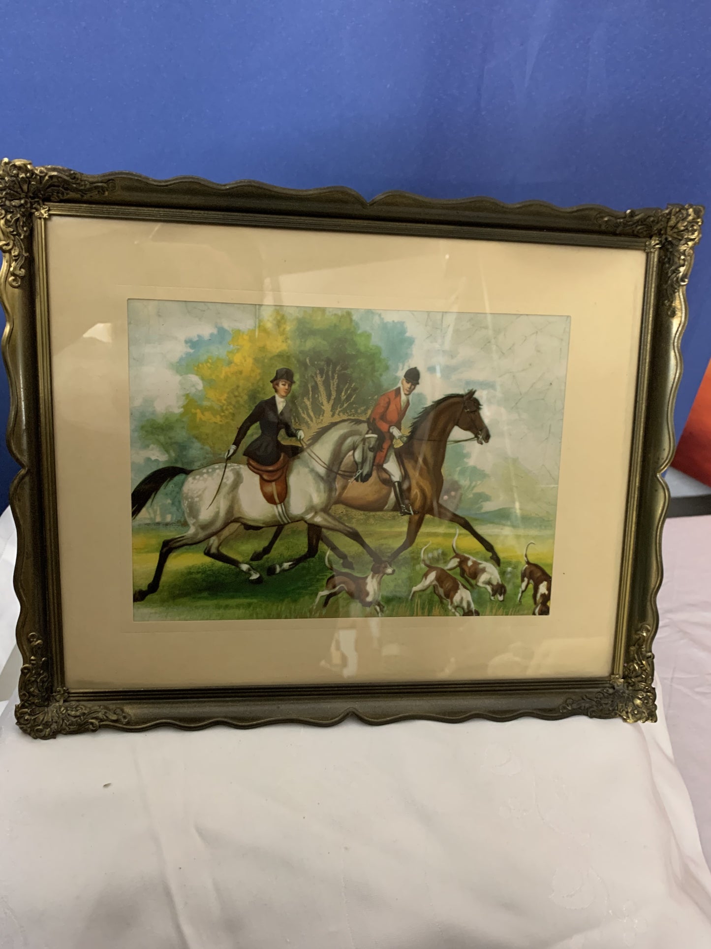 Jäger auf Pferd mit Jagd Hunter in Vintage Bildrahme
